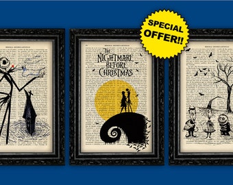 Jack Skellington Prints Tim Burton Book Art Print Pack Nightmare Before Christmas Book Art Gift Dorm Room Print Wall Dictionary black friday