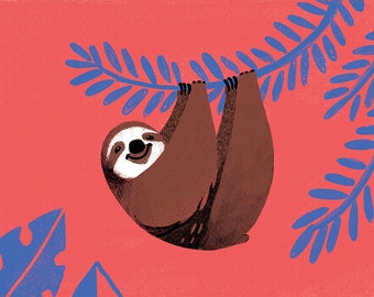 Postcard Sloth - mini art print, kawaii illustration of a brown sloth hanging from a persian blue tropical plant. Vermilion red background.