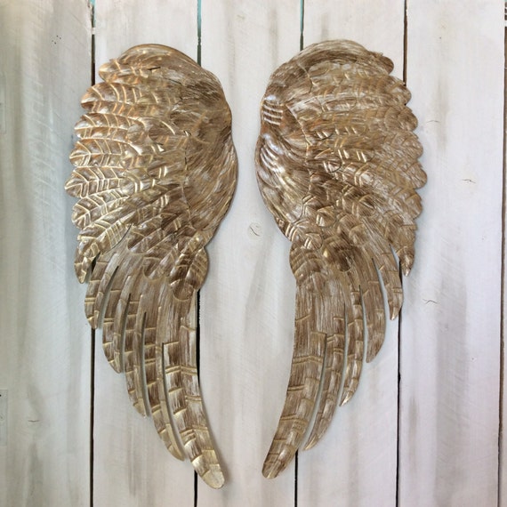 Large metal Angel wings wall decor distressed gold ivory