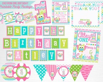 Chevron Owl Birthday Party Printable Package YOU Print
