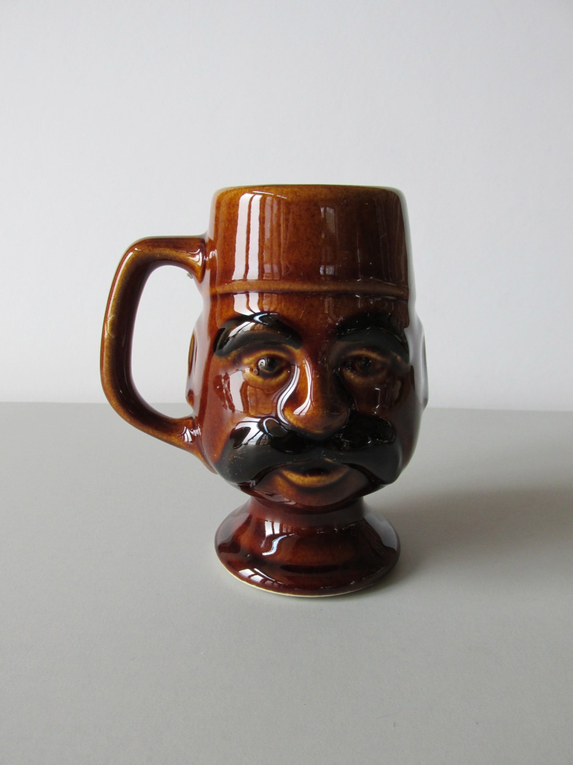 Vintage Face Mug glossy brown glaze pottery mug footed