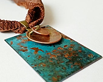 Patina Necklace, Copper pendant, verdigras jewelry, verdigris patina, mixed metal necklace, gypsy necklace, blue pendant, rustic jewelry
