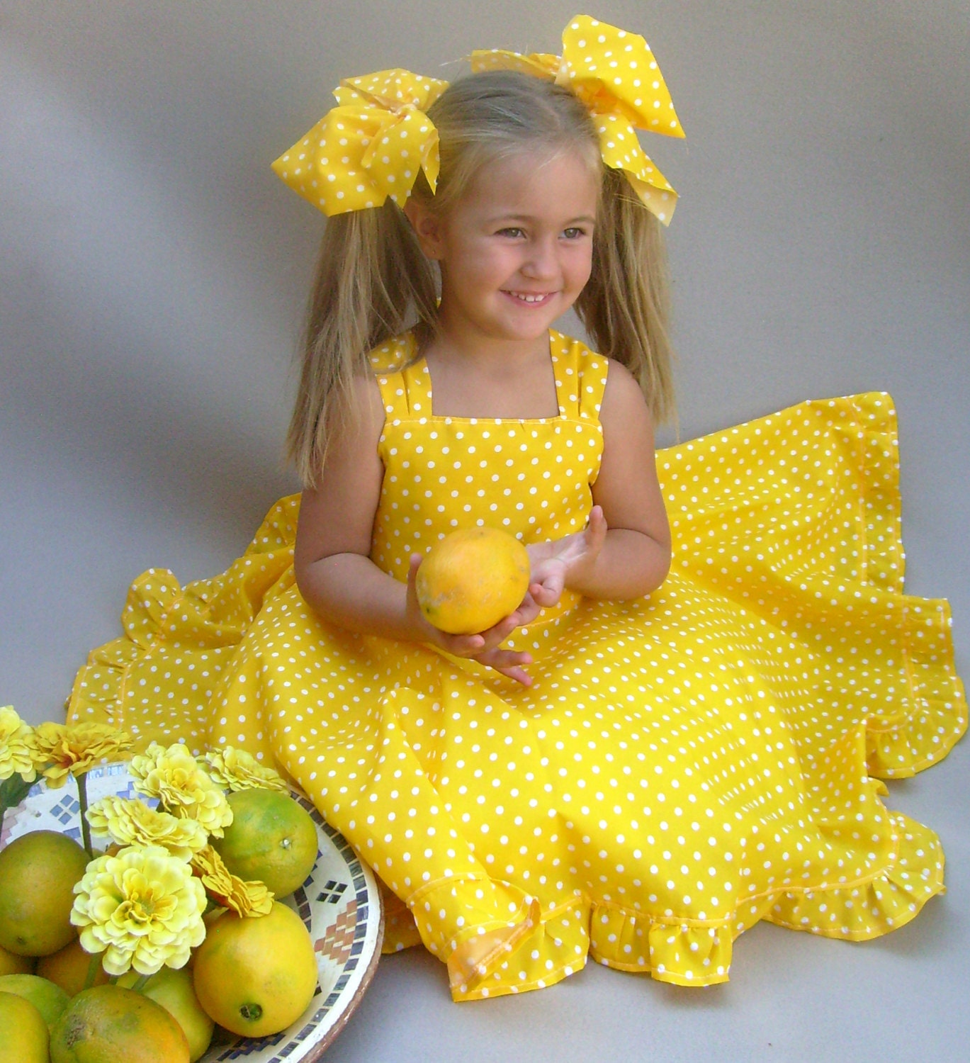 Yellow polka dot dress Cute girls dress Toddler twirl dress