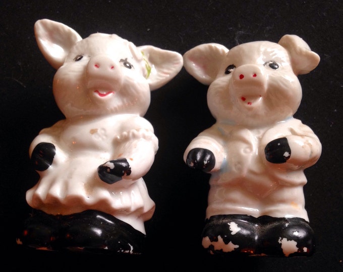 Storewide 25% Off SALE Vintage Mid Century Matching Porcelain Farm Pig Salt & Pepper Shakers Featuring Glaze Painted Designs