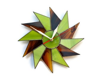 Starburst Wall Clock Minimalist Unusual Mid Century Modern Stained Glass Decor Art Hanging Unique Geometric Lime Green Brown Braun