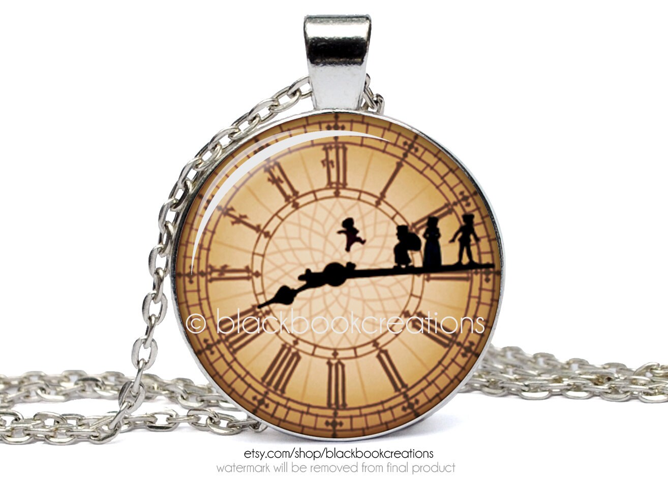Peter Pan Clock Tower Neverland Necklace by BlackBookCreations