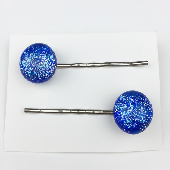 Blue Glitter Hair Pins Hand Painted Glass by AngiesCosmicStudio