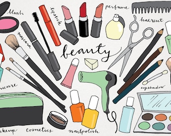 Makeup & Beauty Clipart - hand drawn clip art, makeover clipart, lipstick, nail polish, blush, haircut, scissors, eyeshadow, eyeliner