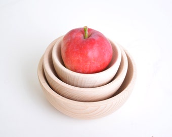 set of 3 unfinished nesting wooden bowls round container unpainted plain wood, keepsake, Scandinavian style minimalist, storage, painting
