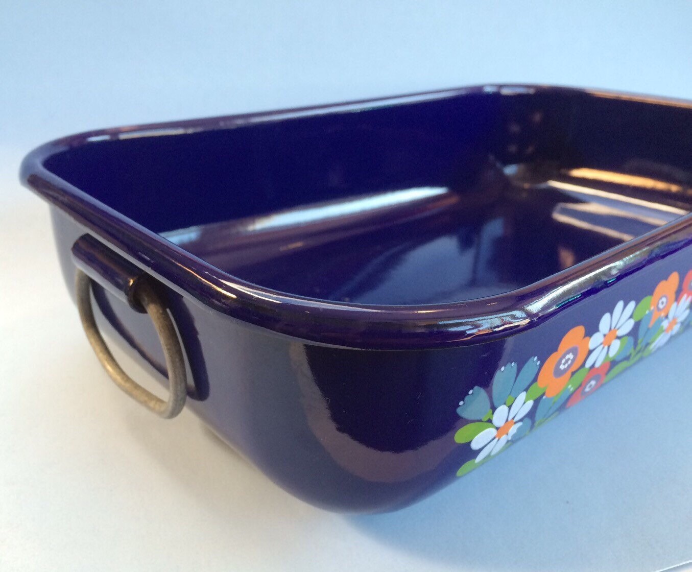 Vintage Cobalt Blue Mid Century Floral Enamel Baking Pan Casserole