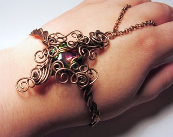 Solid Copper Wire-wrapped Ornate Slave Bracelet Bangle with Rainbow Glass Crystal - XL