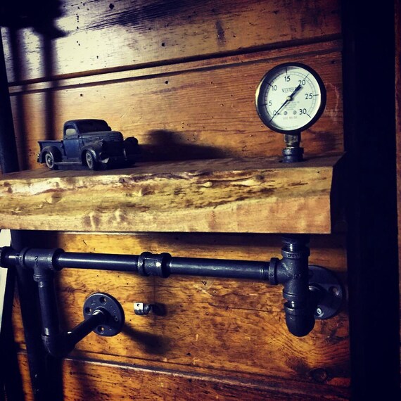 Items similar to Vintage Industrial shelf, black iron pipe shelving. Live edge maple shelf. on Etsy