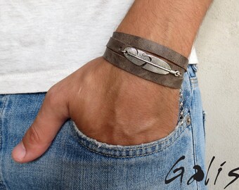 Men's Bracelet - Men's Leather Bracelet - Men's Feather Bracelet - Men's Jewelry - Men's Gift - Boyfriend Gift - Husband Gift - Male Jewelry