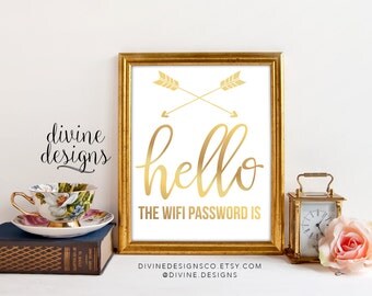 Wifi Password Printable - Hello the Wifi Password is... - Custom Printable - Perfect for a guest room! - Faux Gold Foil