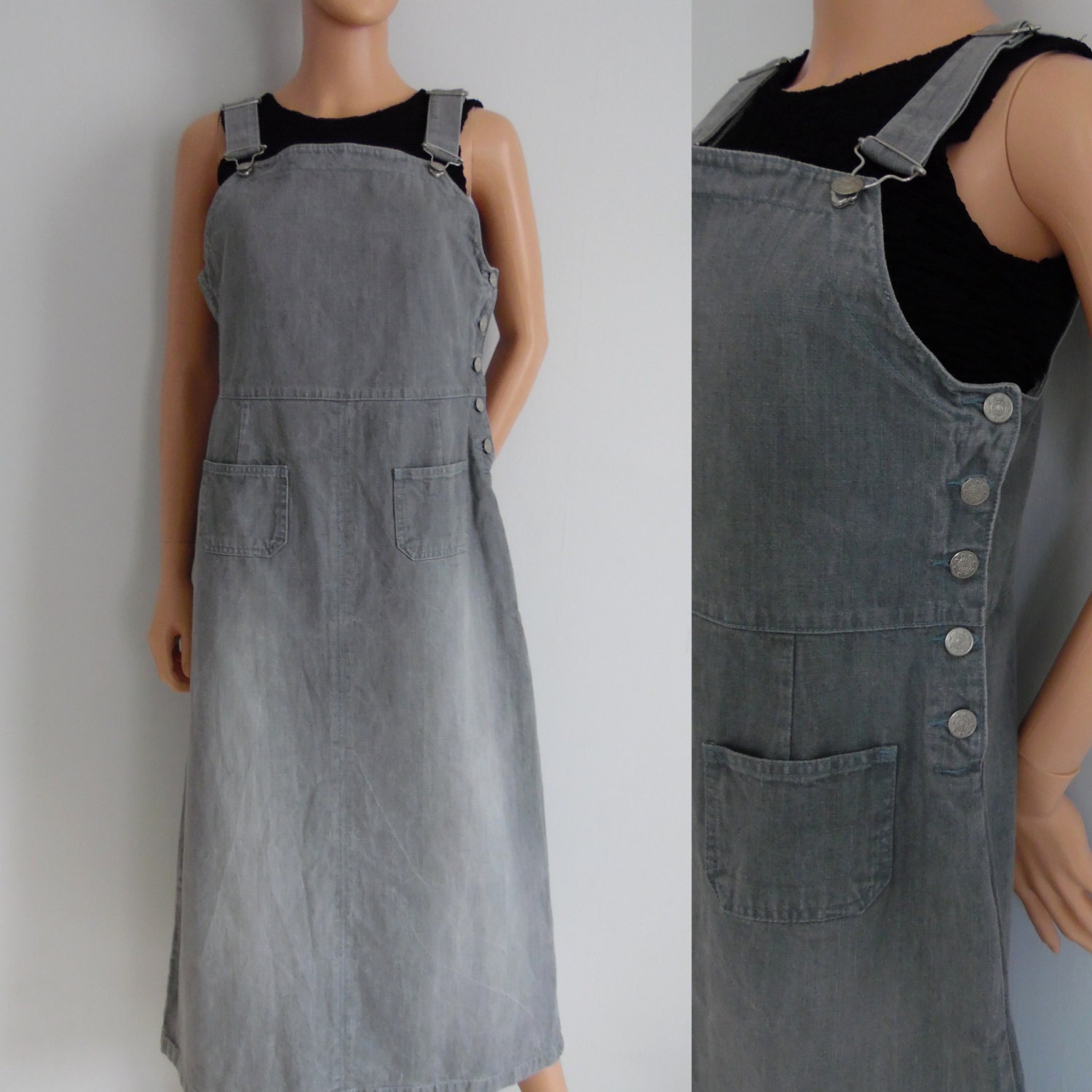 Overall dungaree dress grey denim jean long maxi ankle length