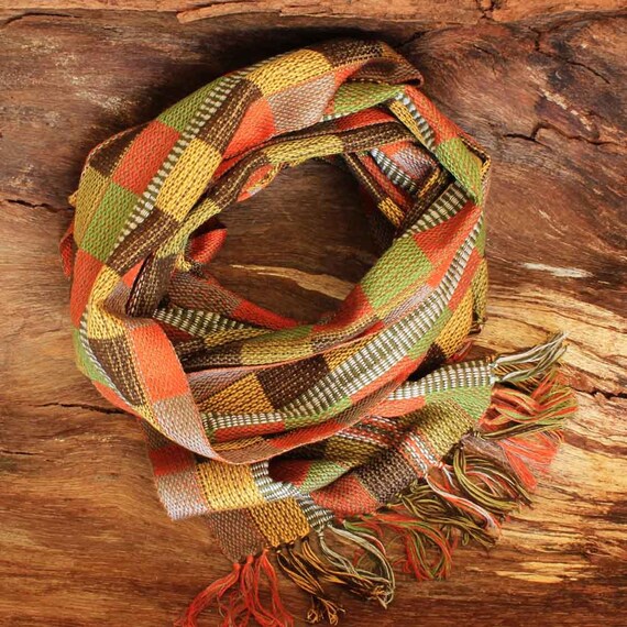 Plaid Womens Scarf Handwoven in Autumn Colors Orange and