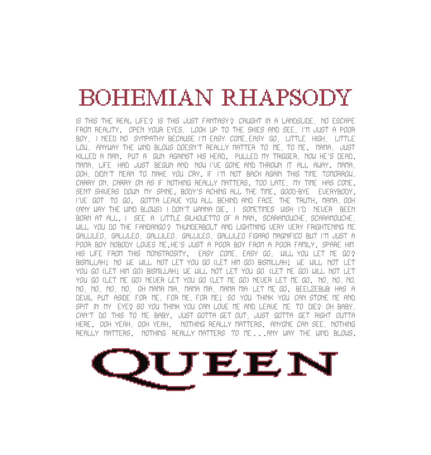 Bohemian Rhapsody Lyrics Pattern Queen Song Cross Stitch