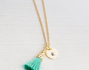 Personalized Tassel Necklace, Initial Jewelry, Gold Plated Disc Necklace, 22 Carat Gold plated Chain, A great gift idea