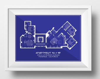 Big Bang Theory Blueprint Style Art Print/Architectural Style Big Bang Theory Floor Plan/ Print for Home of Sheldon, Leonard and Penny