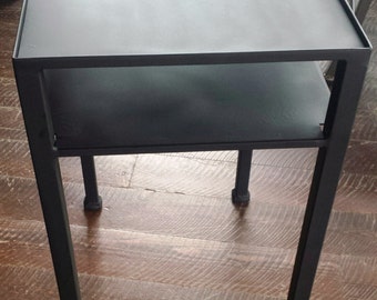 Handcrafted Wrought Iron Rectangular Metal Side Table with Square Iron Legs and Shelf Below with Matte Black Finish