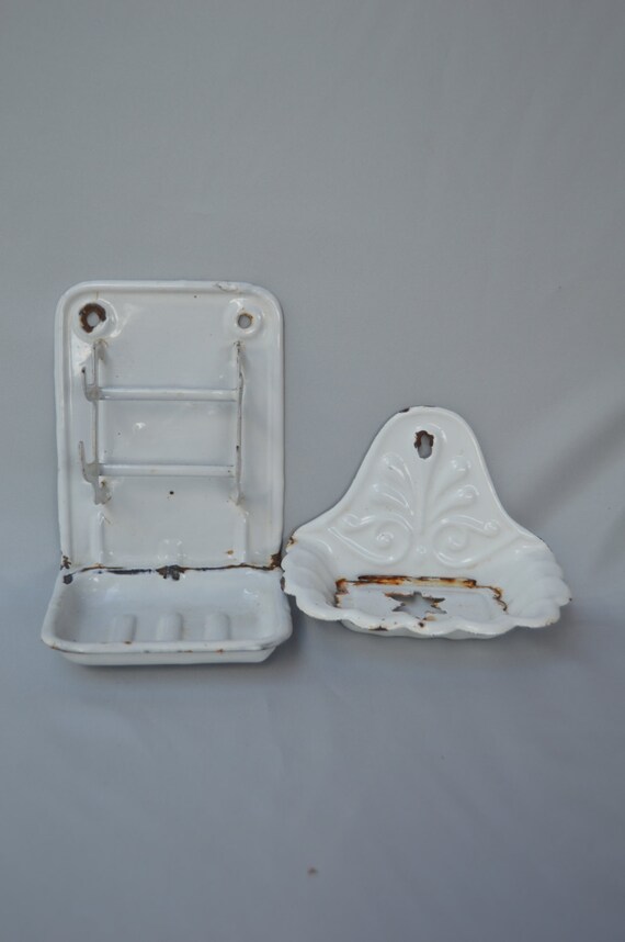 Vintage French White Enamel Soap Holder Dish Wall Soap