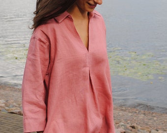 Pastel rose linen tunic, linen tunic with pockets, linen womens clothing, linen tunic dress, linen tunics for women, linen top for women