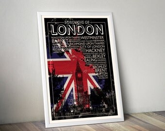Black and white London photo of Big Ben and the houses of parliament. Typography features all the London Boroughs.