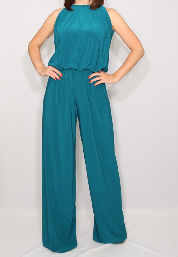 Teal jumpsuit Women Wide leg jumpsuit Halter jumpsuit