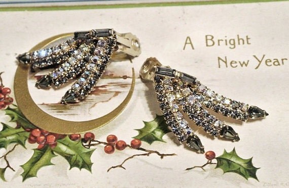 Caviness Rhinestone Clip On Earrings Designer Alice Caviness Mid Century 1950s 1960s Hollywood Wedding Bride AB Aurora Borealis Swarovski