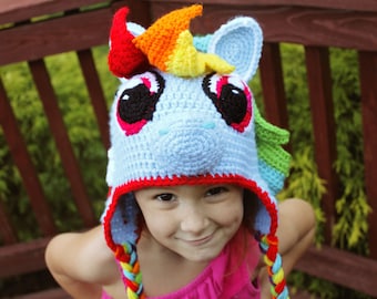 My Little Pony Costume, Rainbow Dash, Crochet Hat with Earflaps, Rainbow Dash Costume or Photography Prop, Crochet hat for Toddler to Adult