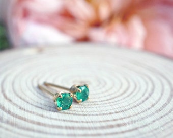 bliss - 3mm emerald earrings. green gemstone studs. tiny gem stud. solid gold or silver studs