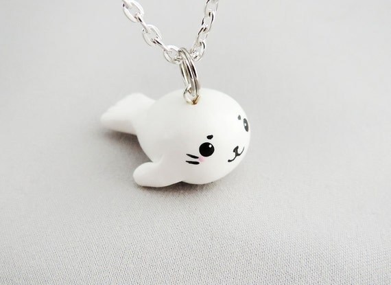 Cute Baby Harp Seal Pup Necklace Polymer Clay Charm