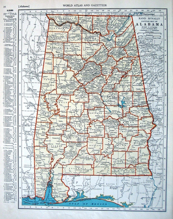 Map of Alabama US State Map 1937 Vintage Rand McNally Map