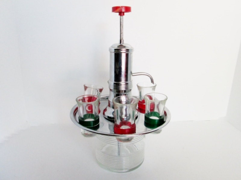 Shot Glass Bottle Dispenser Pump, Art Deco Chrome Tray, Decanter Pump