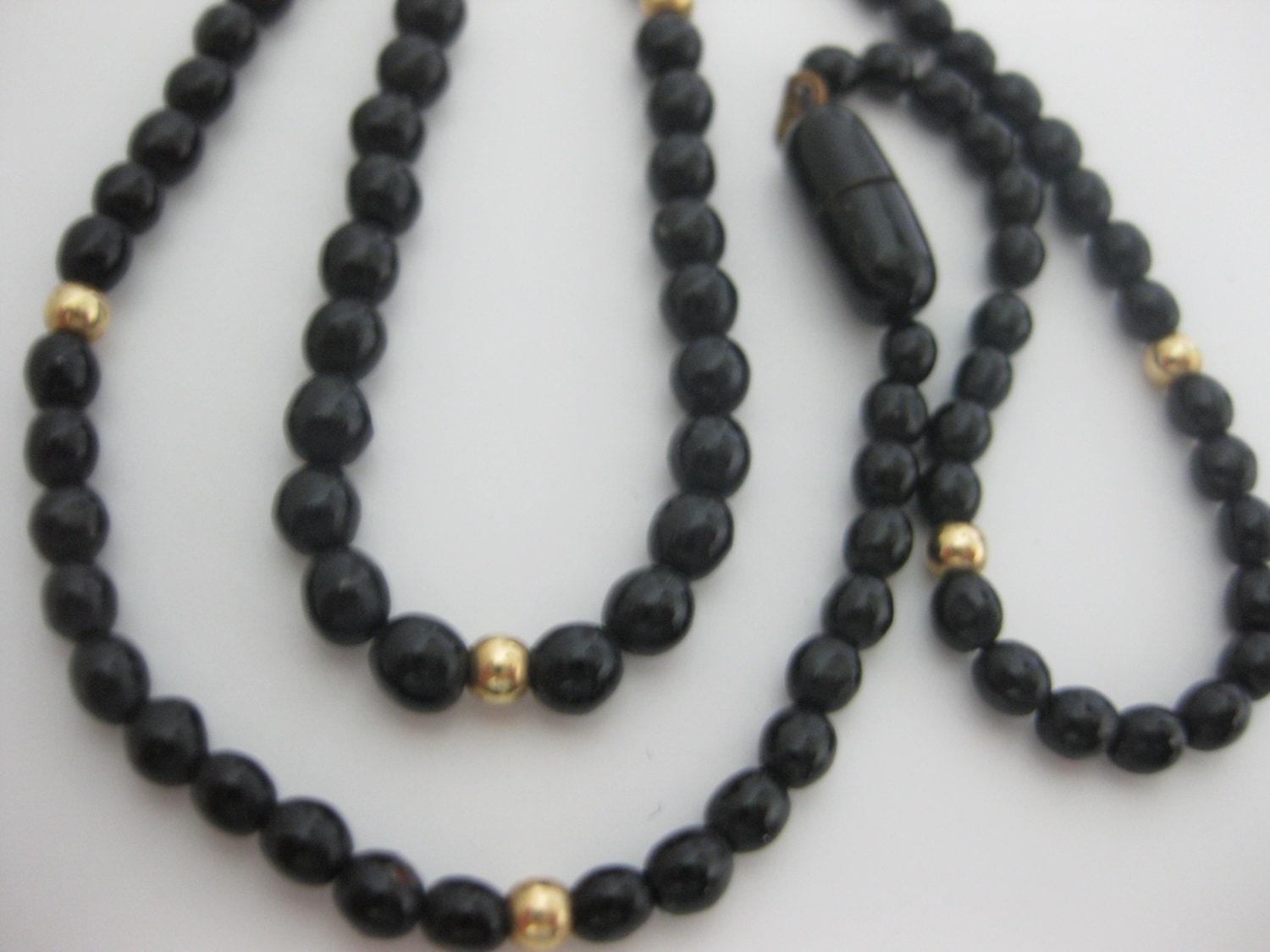 Black Onyx Gold 14k Beaded Necklace Vintage 1980's by slockwoo