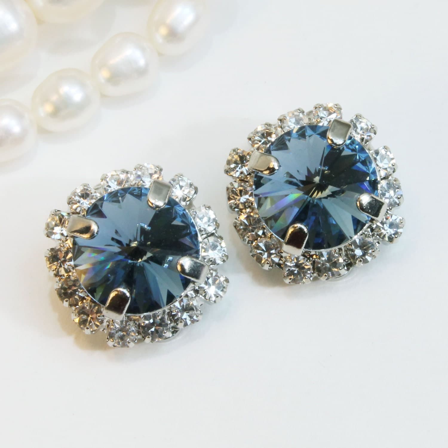 Navy Blue Clip Earrings Swarovski Crystal Clip On Large Clear 0890