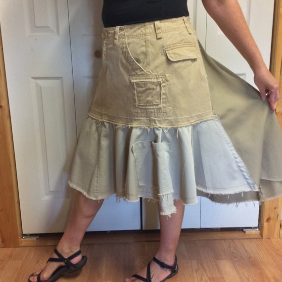 RESERVED Plus Size Upcycled Khaki Cargo Skirt Fluted Uneven