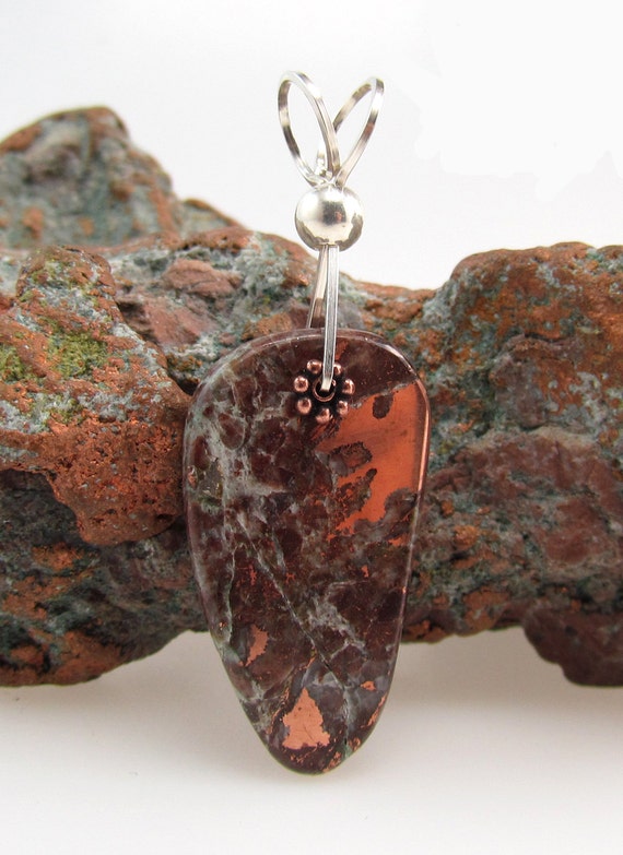 Michigan native copper ore stone pendant with sterling silver