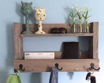 Rustic entryway shelf, key holder, mail organizer, weathered gray shelf with hooks, kitchen shelf, farmhouse decor, bathroom storage