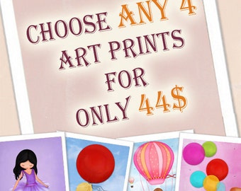 Children Art Prints, nursery wall art , kids room decor - for a special price - Choose ANY 4 art prints girls or boys