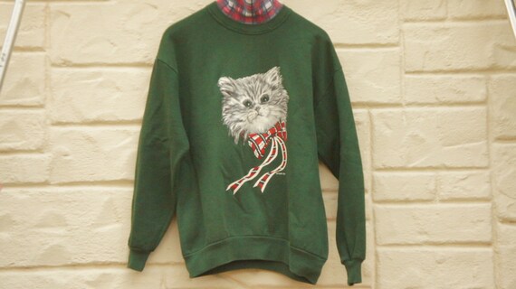 Vintage 80s-90s Cat Sweater Crazy cat lady Sweatshirt Ugly