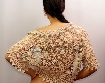 Wedding Shrug Bolero, Bridal Lace Shrug, Linen Crochet Shrug, Beige Wedding Lace Bolero, Boho Bride Shrug Cape Flower Bolero / Made To Order