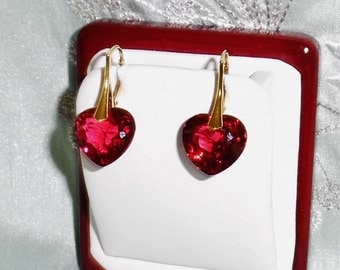 Natural 32 cts Heart Red Topaz gemstones, 14kt yellow gold leverback Pierced Earrings