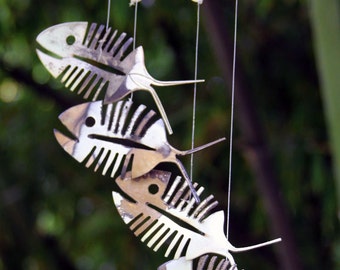 Rustic Bonefish Upcycled Flatware Windchime - Rustic Patina Silver Plate Skeleton Spoon Fish Mobile Art - Cute Outdoor Halloween Decoration