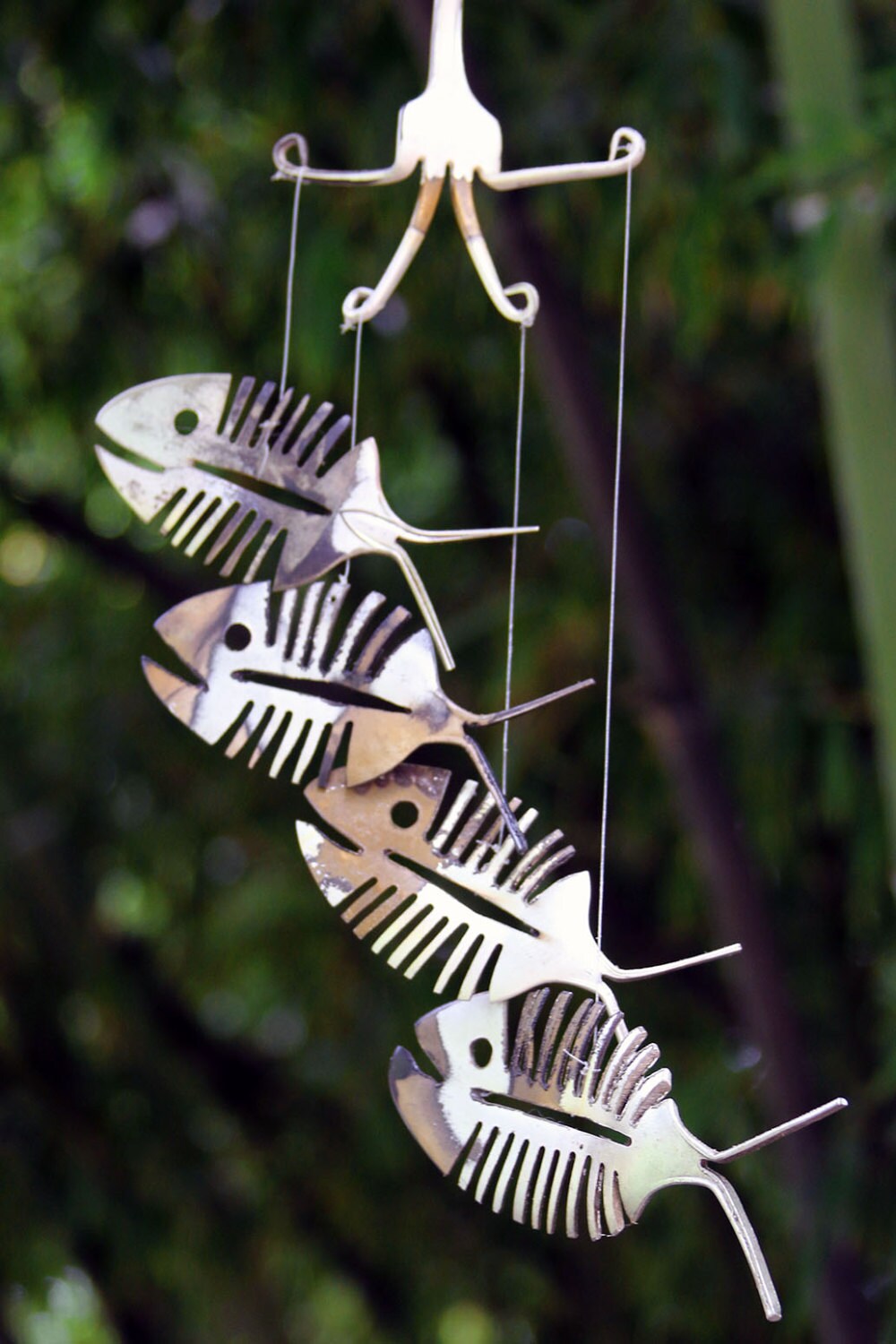 Windchimes Rustic Bonefish Upcycled Flatware Windchime Patina Silver Plate Skeleton Spoon Fish Mobile Art
