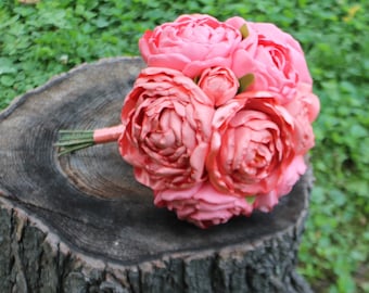 Coral peony fabric wedding bouquet. Silk flowers handmade
