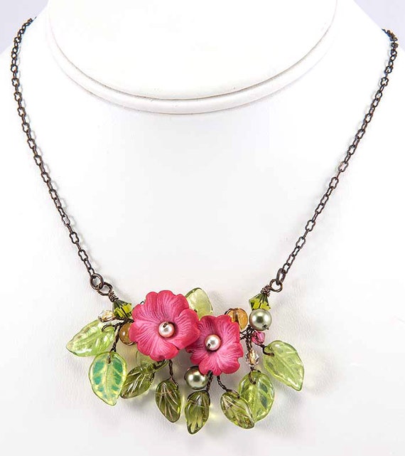 Green and Pink Flower Necklace Pink Floral Necklace Pink