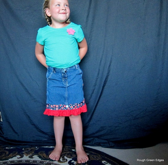 Items similar to Little Girls Jean Skirt Blue Jean Skirt Red White Embellished Calvin Klein