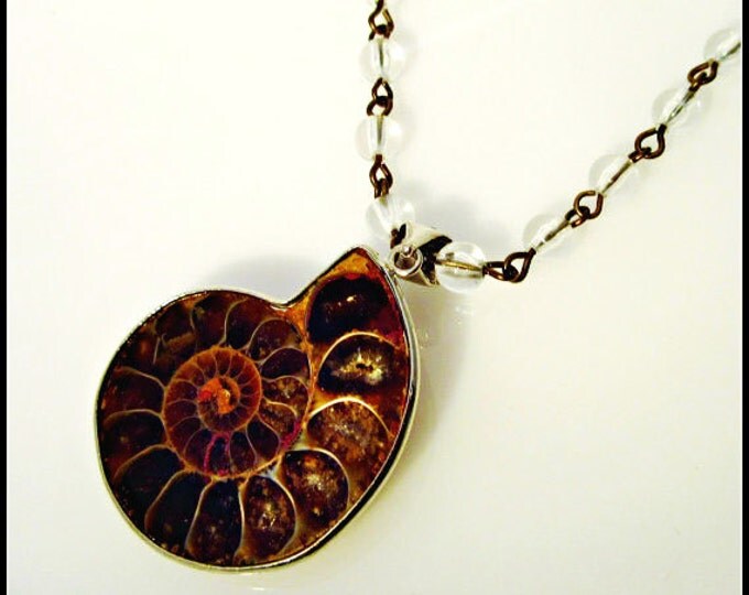 Ammonite pendant on a clear quartz bead Necklace