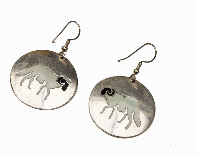 Ram Dangle earrings Mexico Alpaca silver white Black inlay enamel